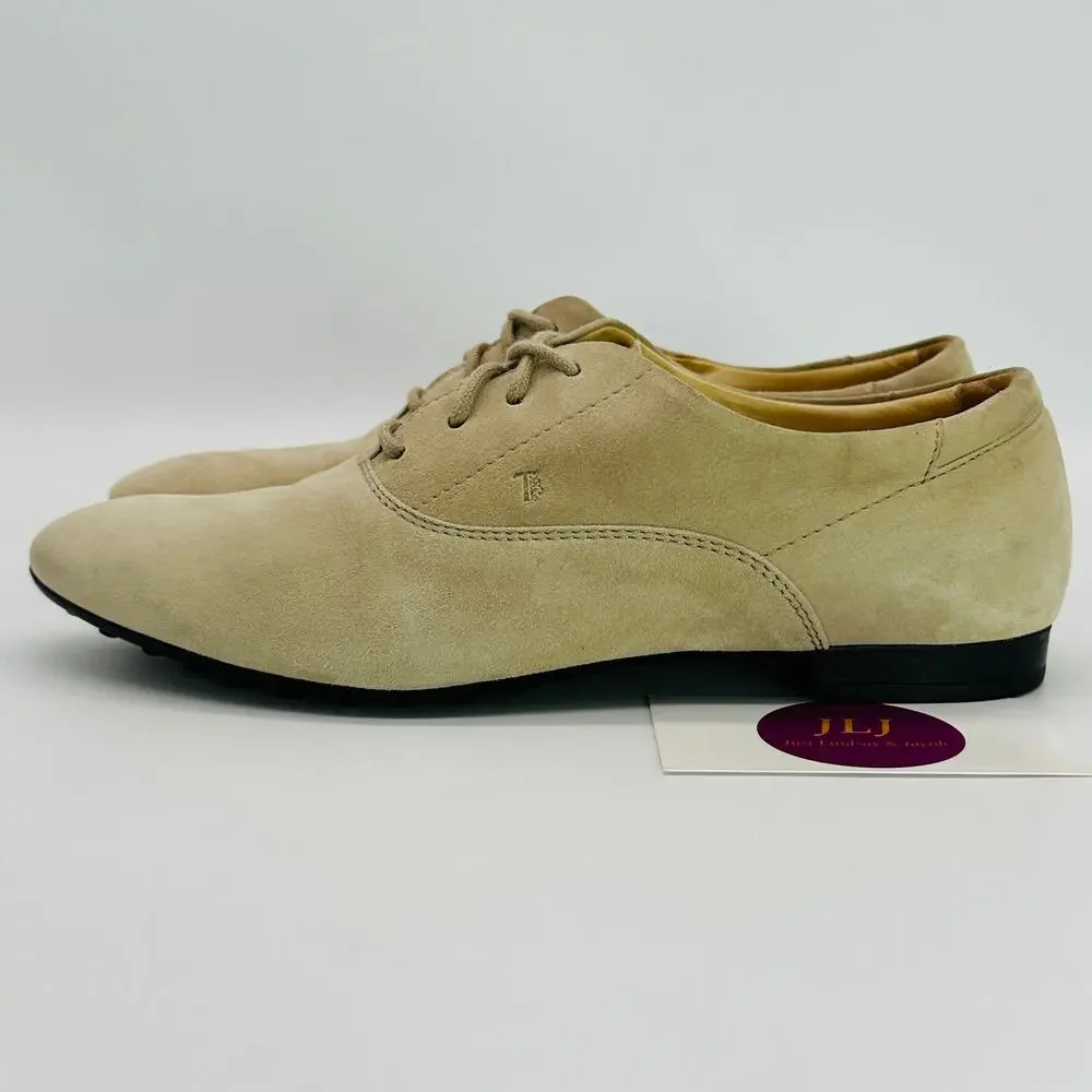 Tod's Women's Beige Suede Lace Up Italian Oxford Shoes Size 36.5 EU/ 6.5 US